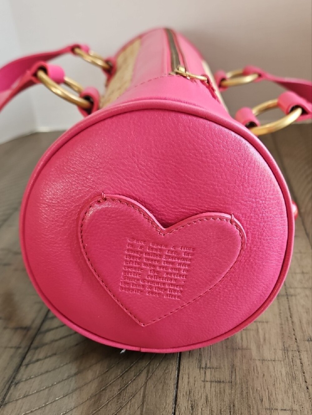 Y2K Juicy Couture Pink Straw Leather Trim Bag with Cherry Charm Coquette Rare - Picture 8 of 16